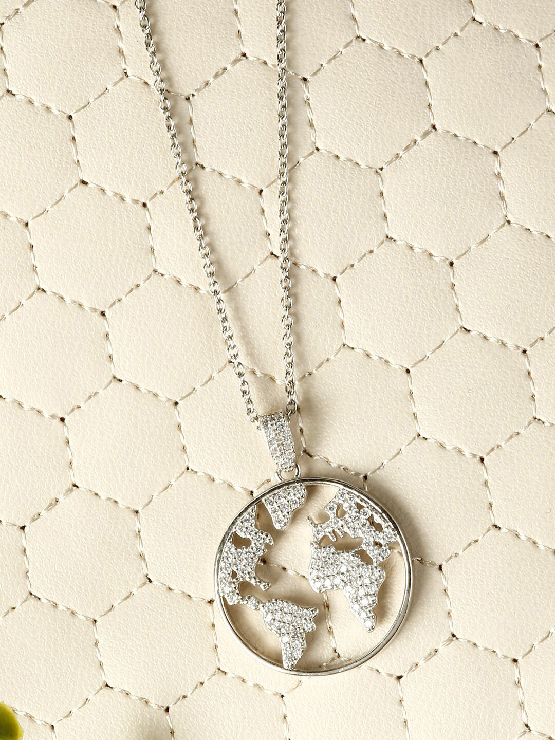 GIVA Silver-Toned & White 925 Sterling Silver Zircon World Pendant with Link Chain