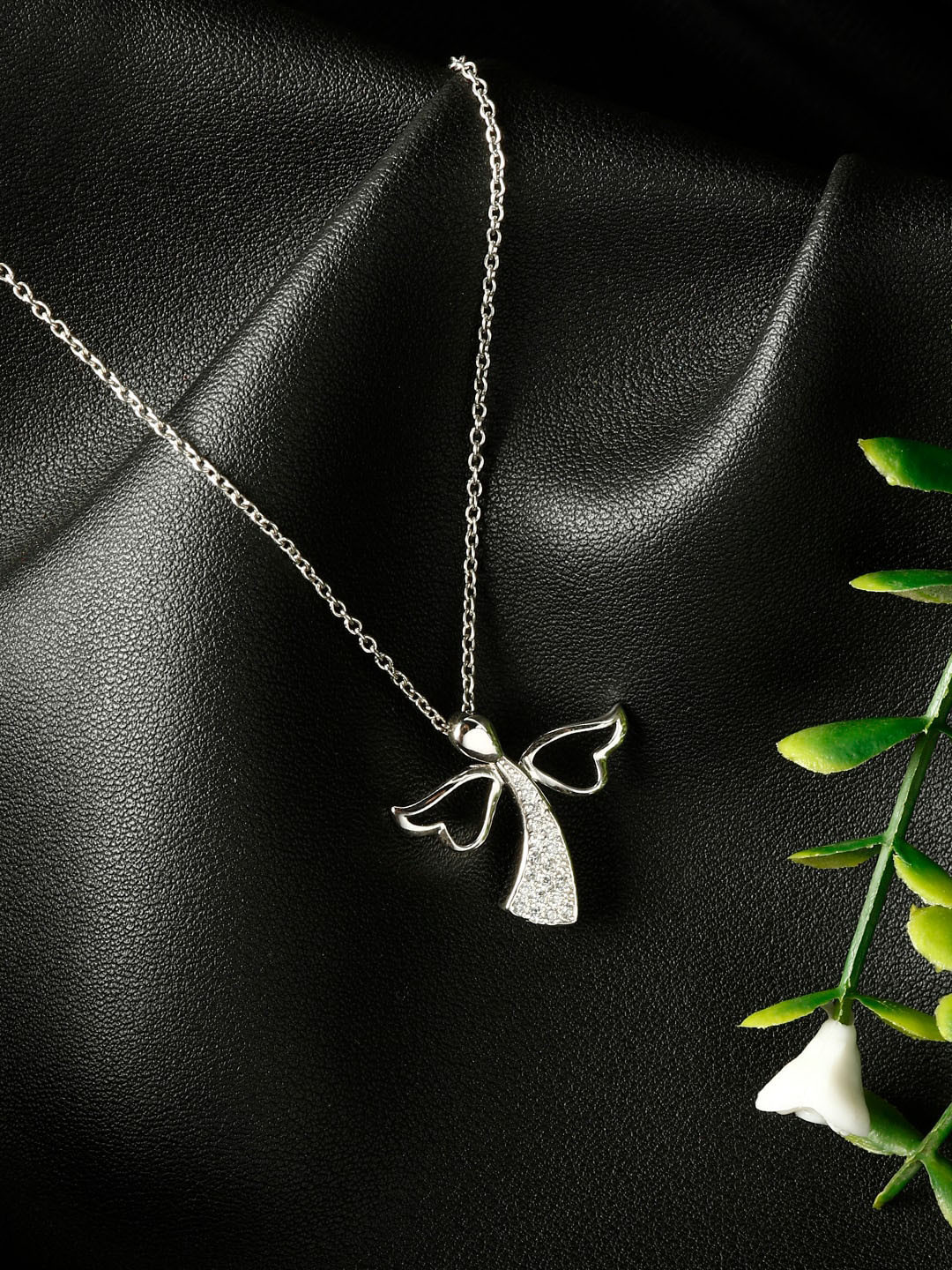 GIVA 925 Sterling Silver Rhodium Plated Zircon Angel Pendant with Link Chain