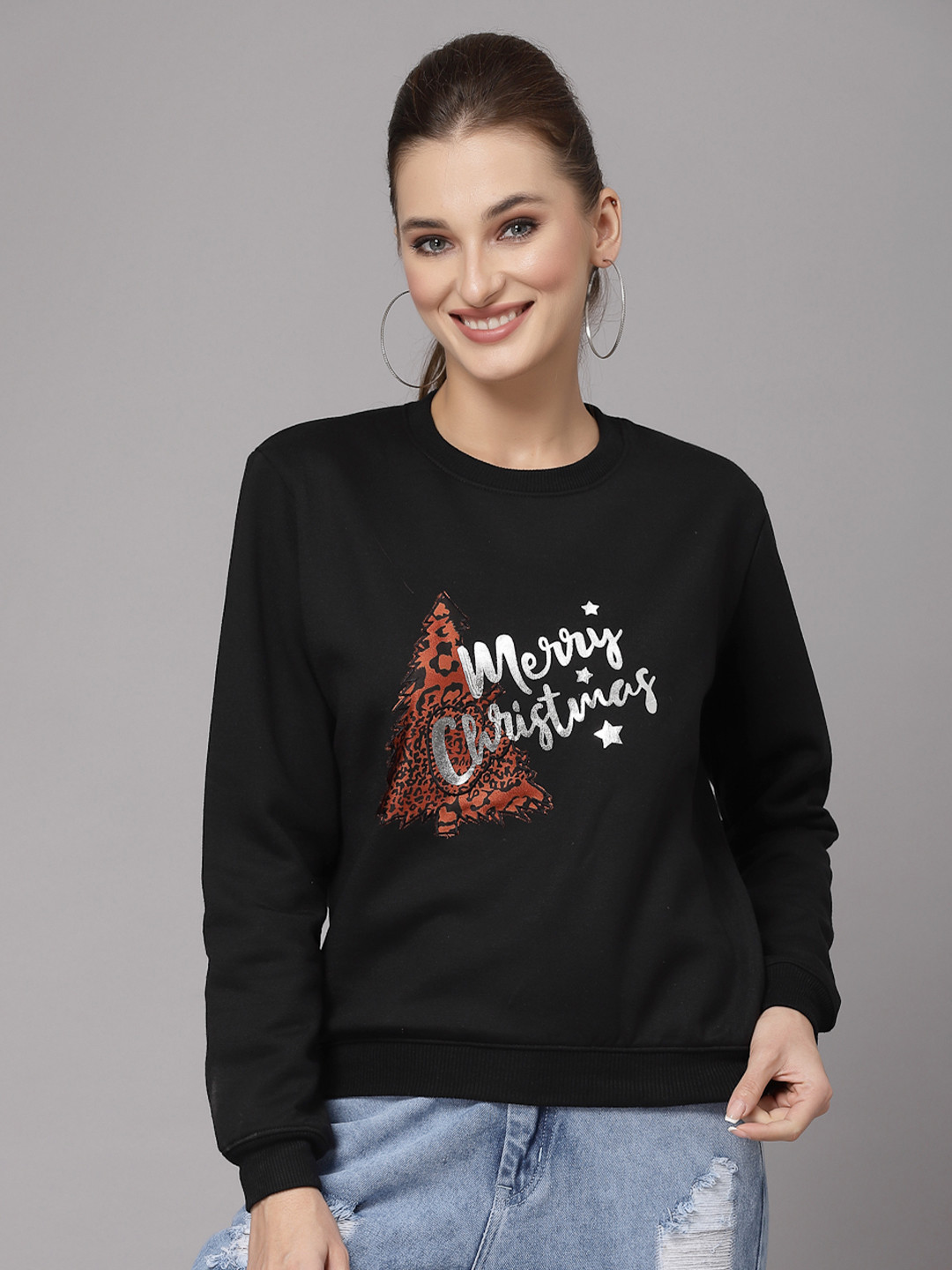 KASSUALLY Women Black Typography Christmas Update Sweatshirt