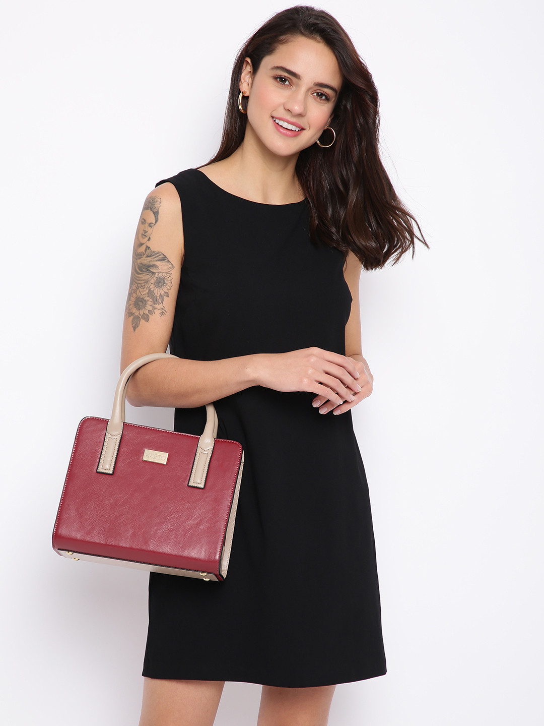 KLEIO Maroon Colourblocked PU Structured Handheld Bag
