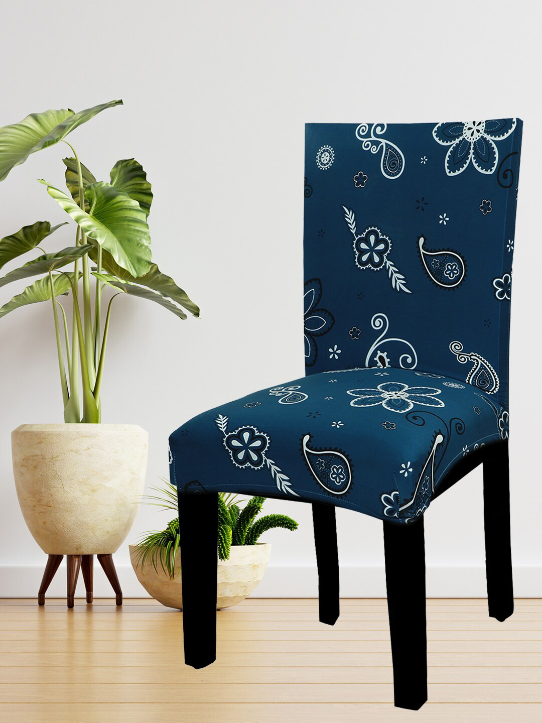 HOUSE OF QUIRK Blue & White Printed Stretch Chair Cover