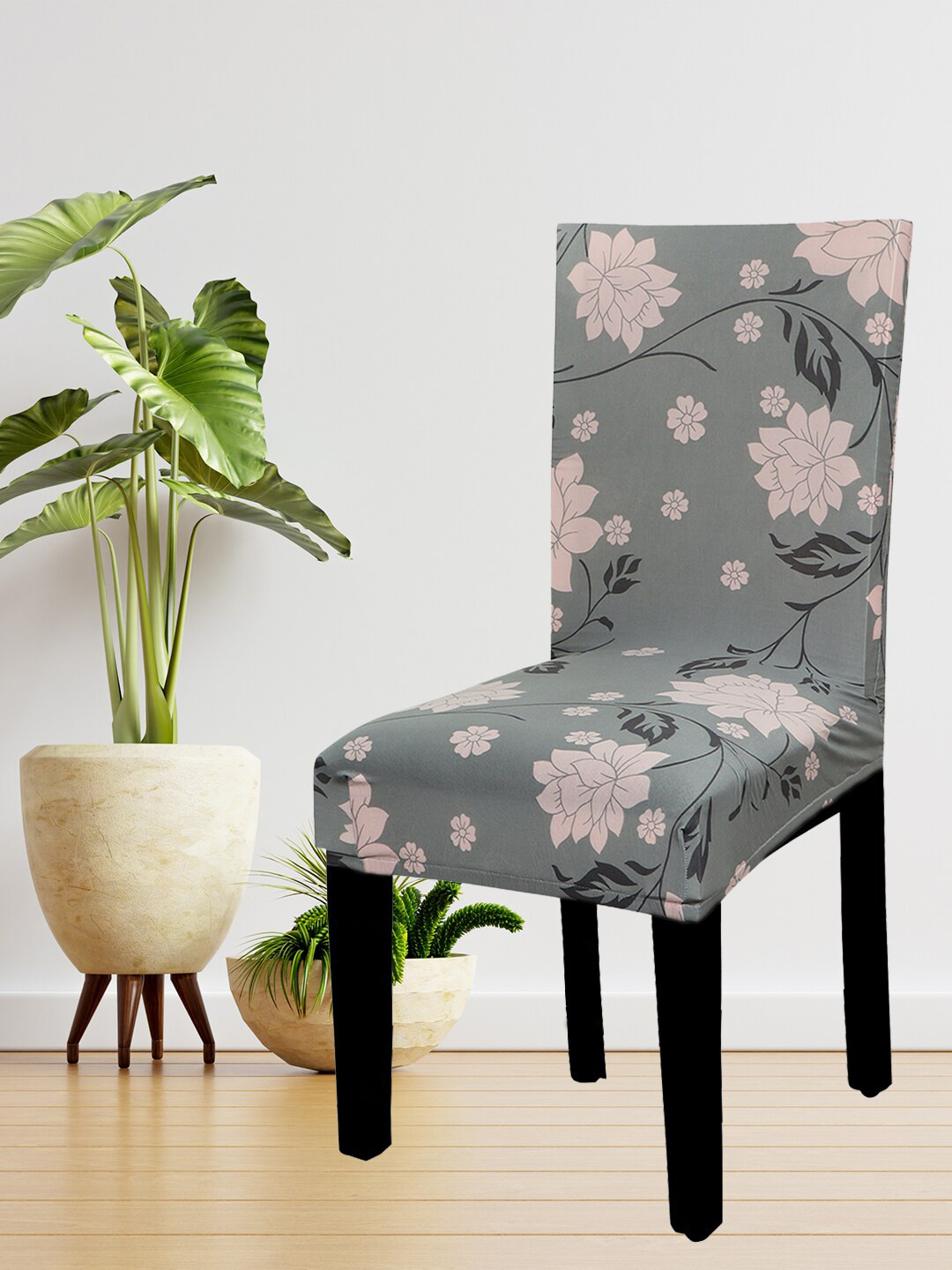 HOUSE OF QUIRK Grey & Pink Printed Non-Slip Removable Chair Cover