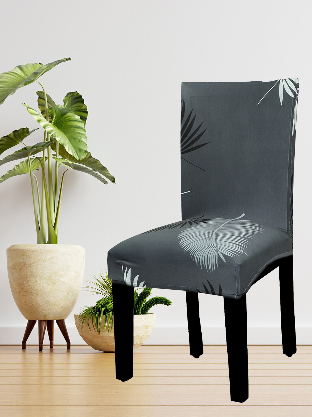 HOUSE OF QUIRK Set Of 6 Grey & Black Printed Non-Slip Removable Chair Covers