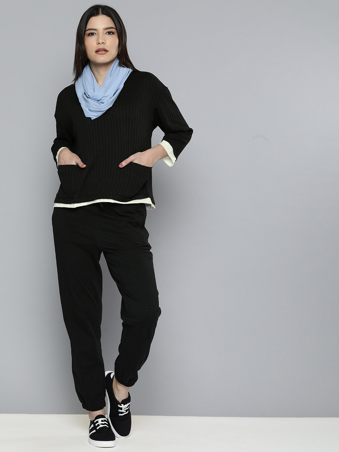 Chemistry Women Black Solid T-shirt with Joggers And Snood