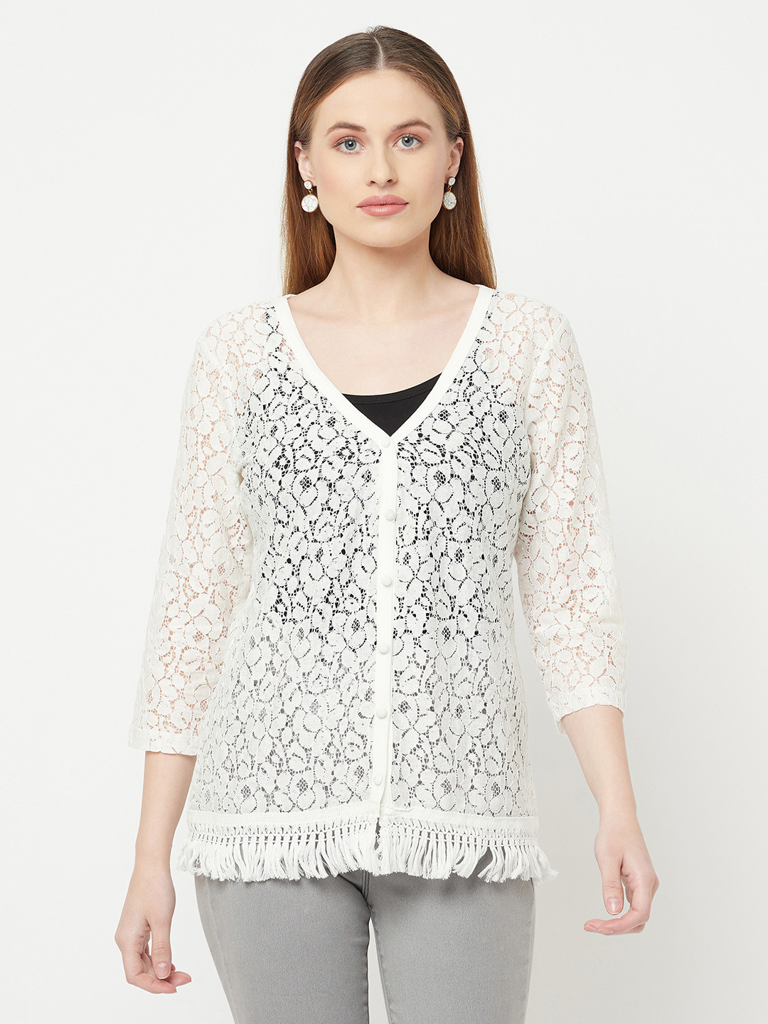 Espresso Women Off White Tasselled Lace Button Shrug