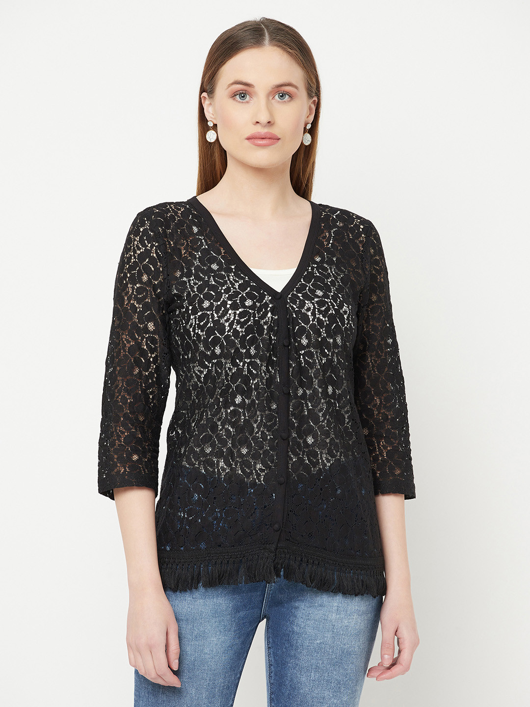 Espresso Women Black Tasselled Lace Button Shrug