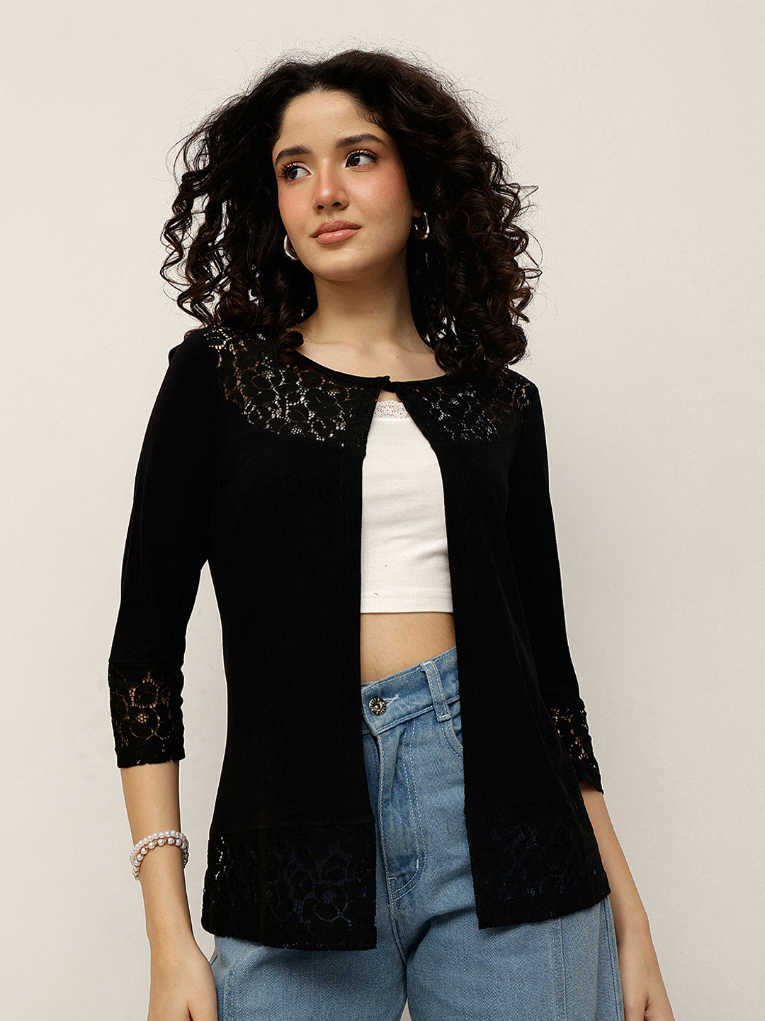 Espresso Women Black Lace Panel Front Open Shrug