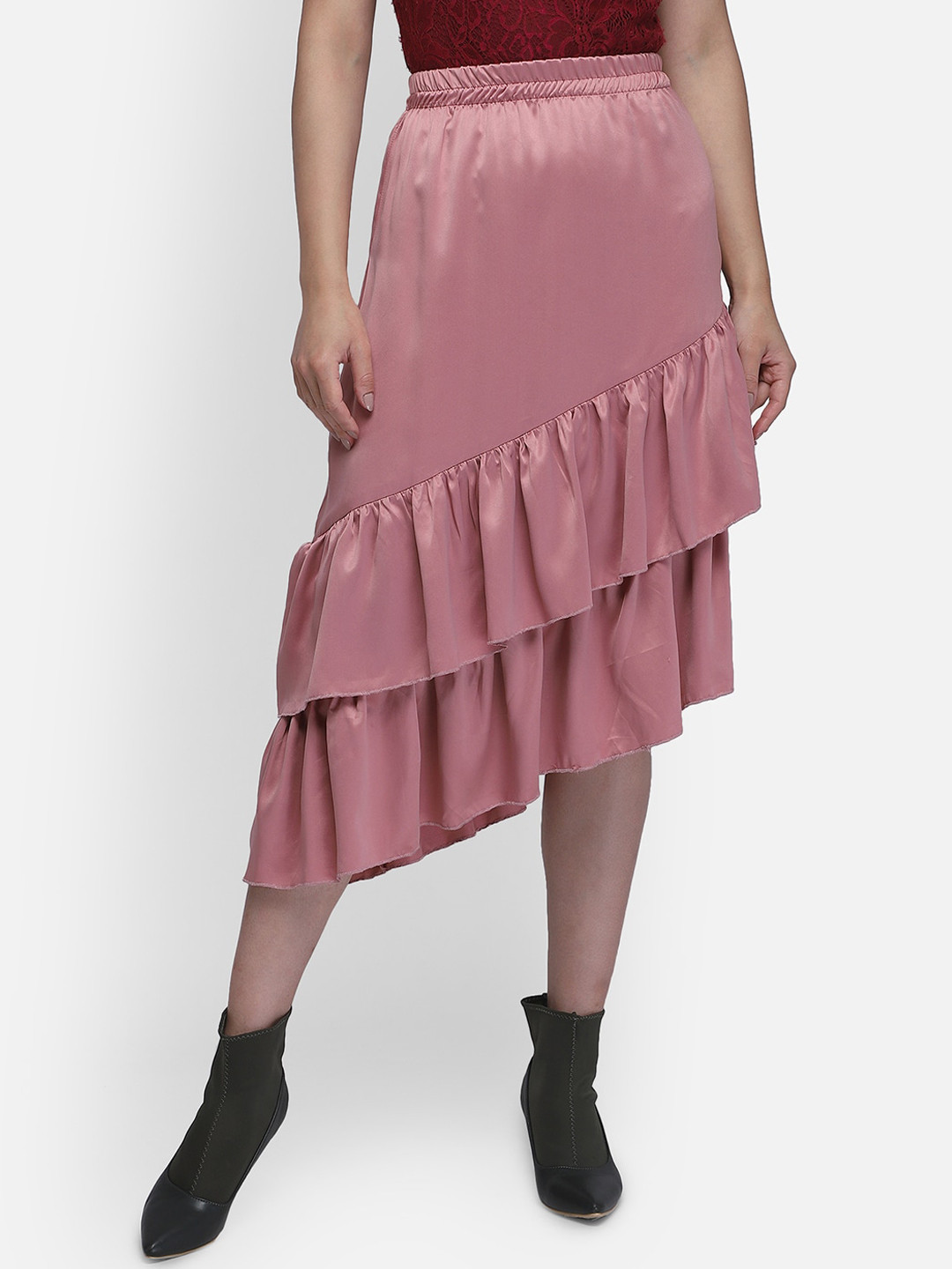 Smarty Pants Women Rose Gold Coloured Solid Layered Knee-Length Skirt