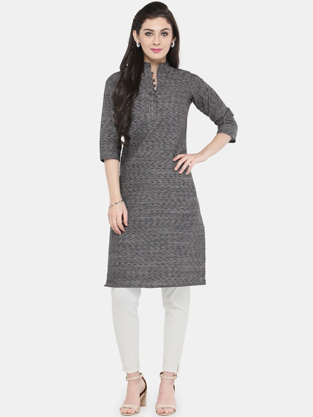 Enchanted Drapes Women Grey Geometric Keyhole Neck Kurta