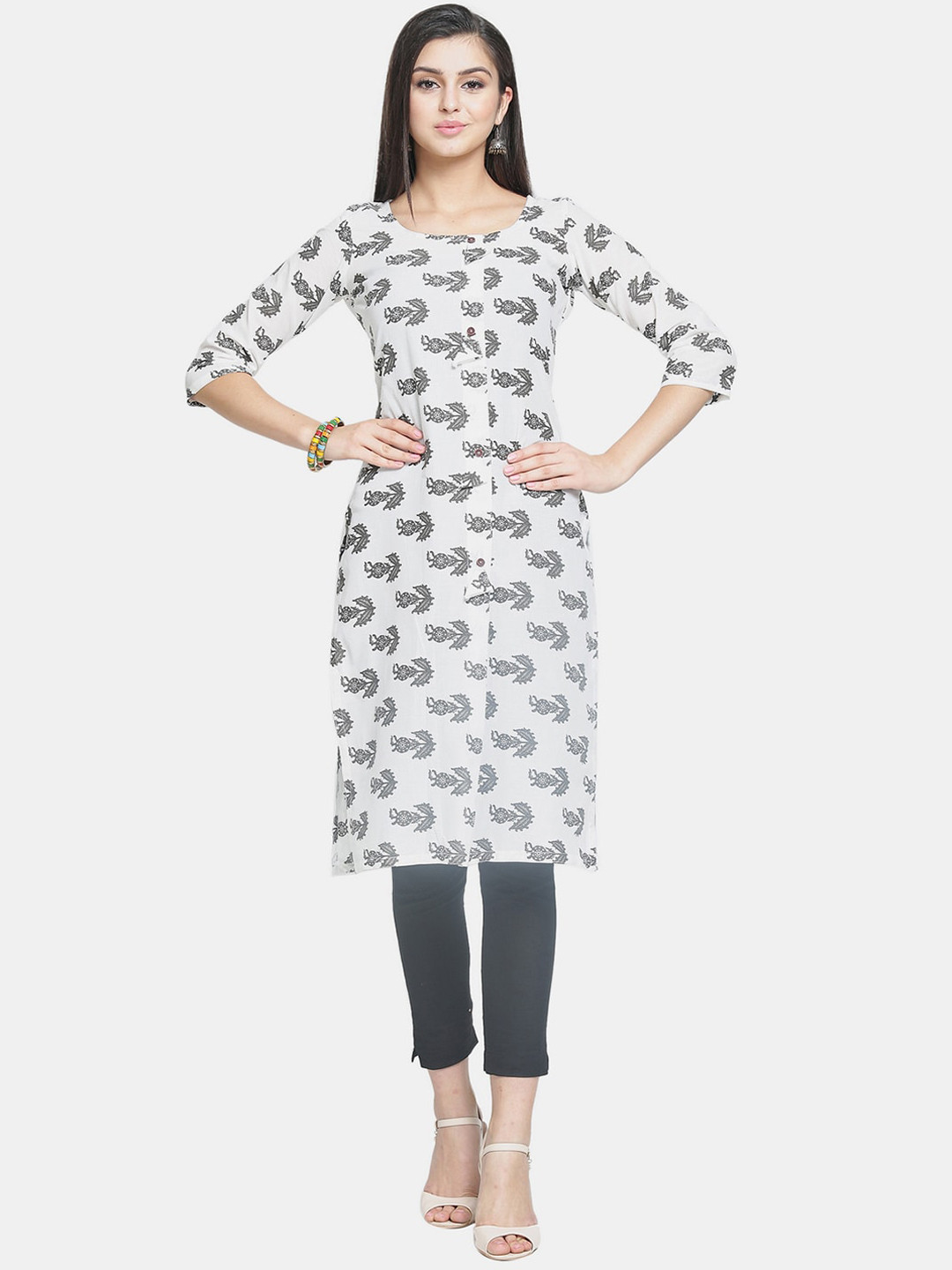 Enchanted Drapes Women White & Grey Floral Printed Pure Cotton Kurta