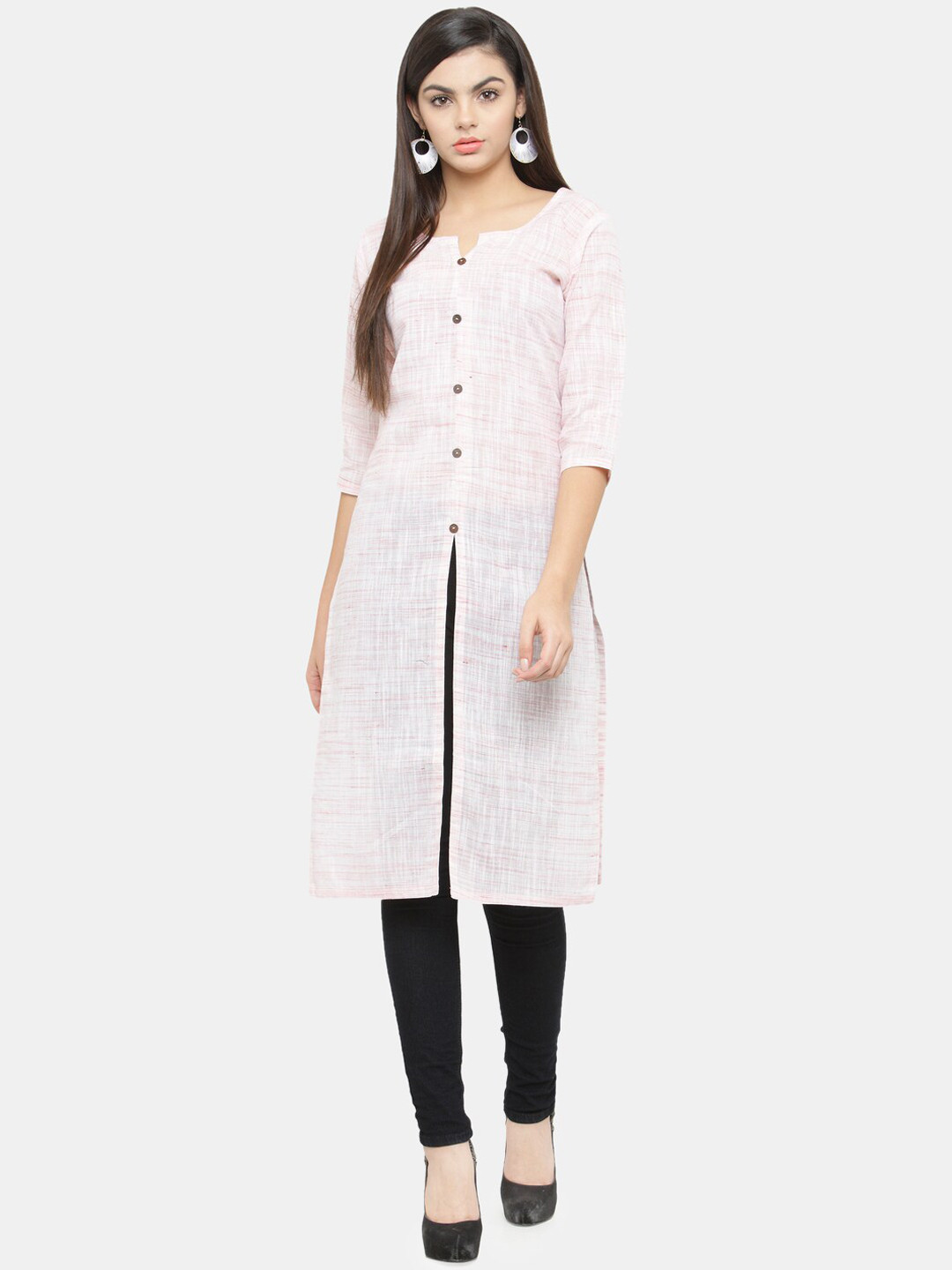 Enchanted Drapes Women White & Pink Woven Design Kurta