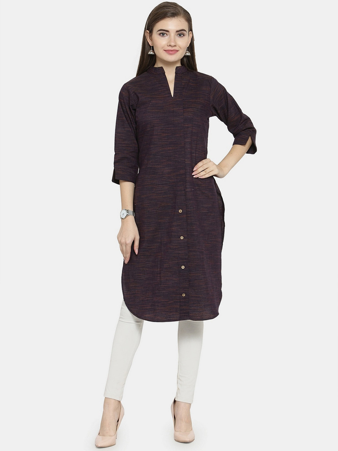 Enchanted Drapes Women Cotton Burgundy Woven Design Pathani Kurta