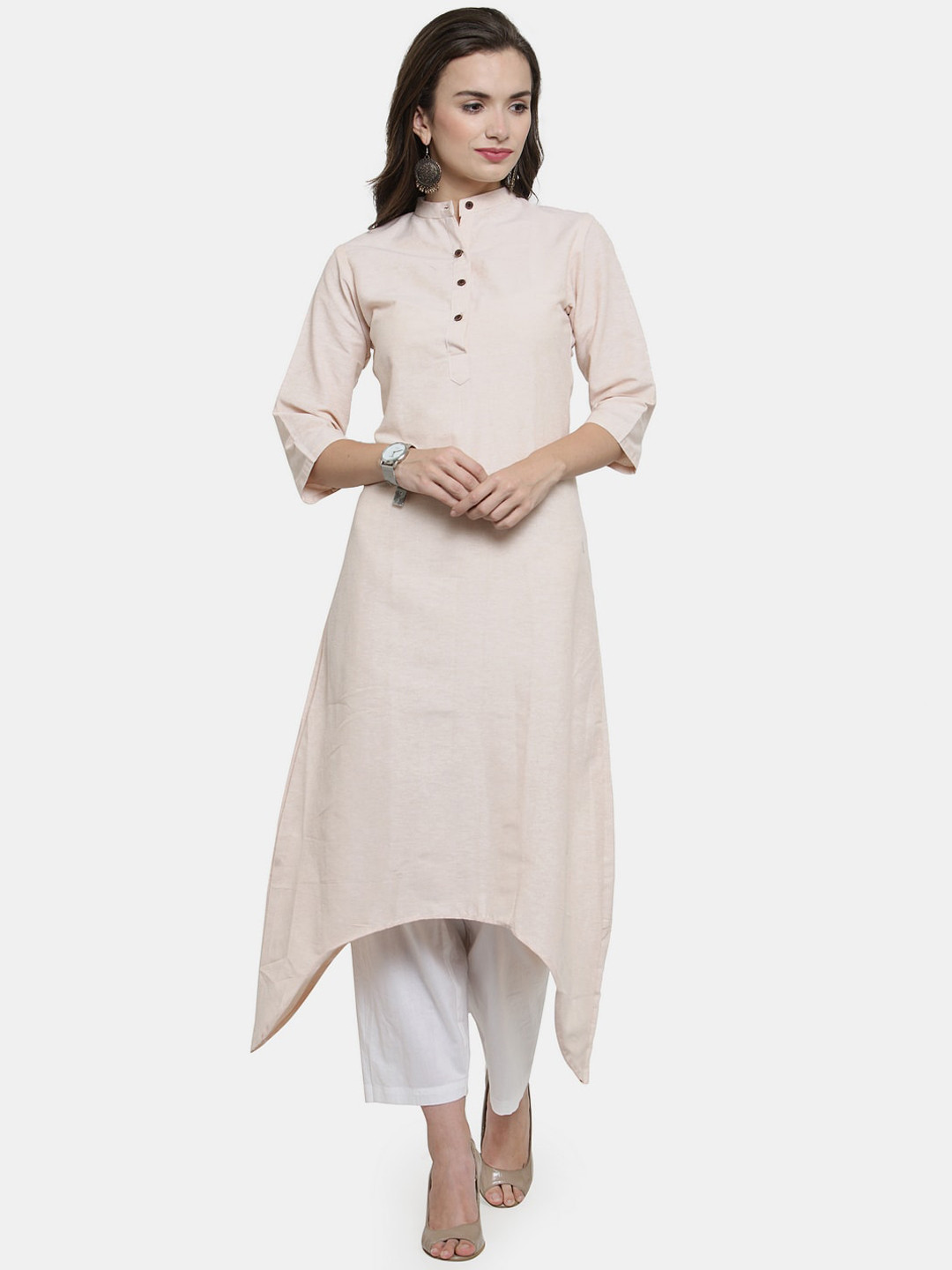 Enchanted Drapes Women Beige Solid Cotton A-line Kurta