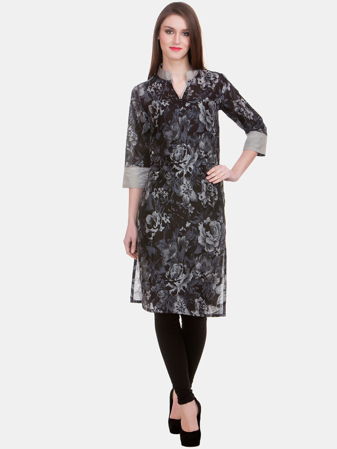 Enchanted Drapes Women Grey & Black Floral Printed Kurta