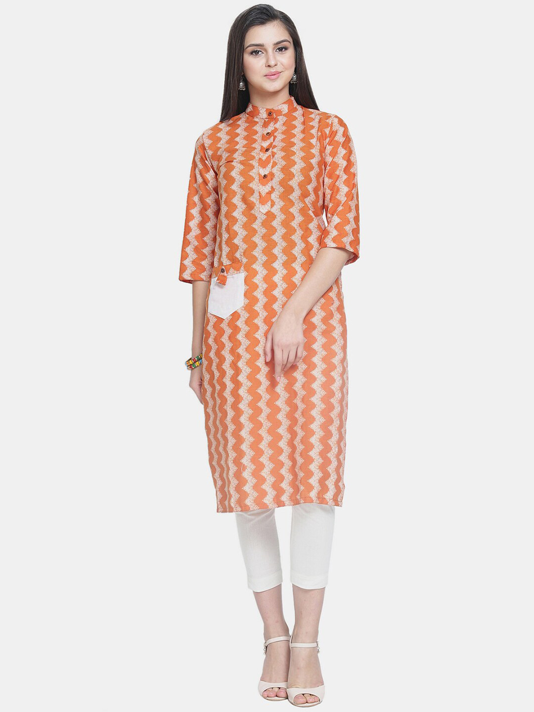Enchanted Drapes Women Orange Chevron Printed Chikankari Kurta