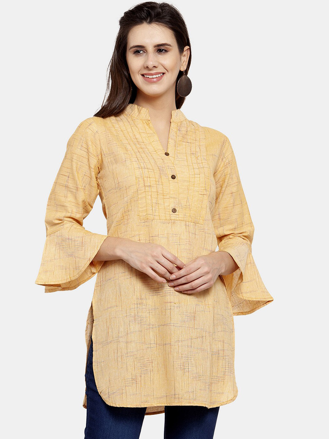 Enchanted Drapes Women Yellow Pure Cotton Yoke Design Above Knee Kurti