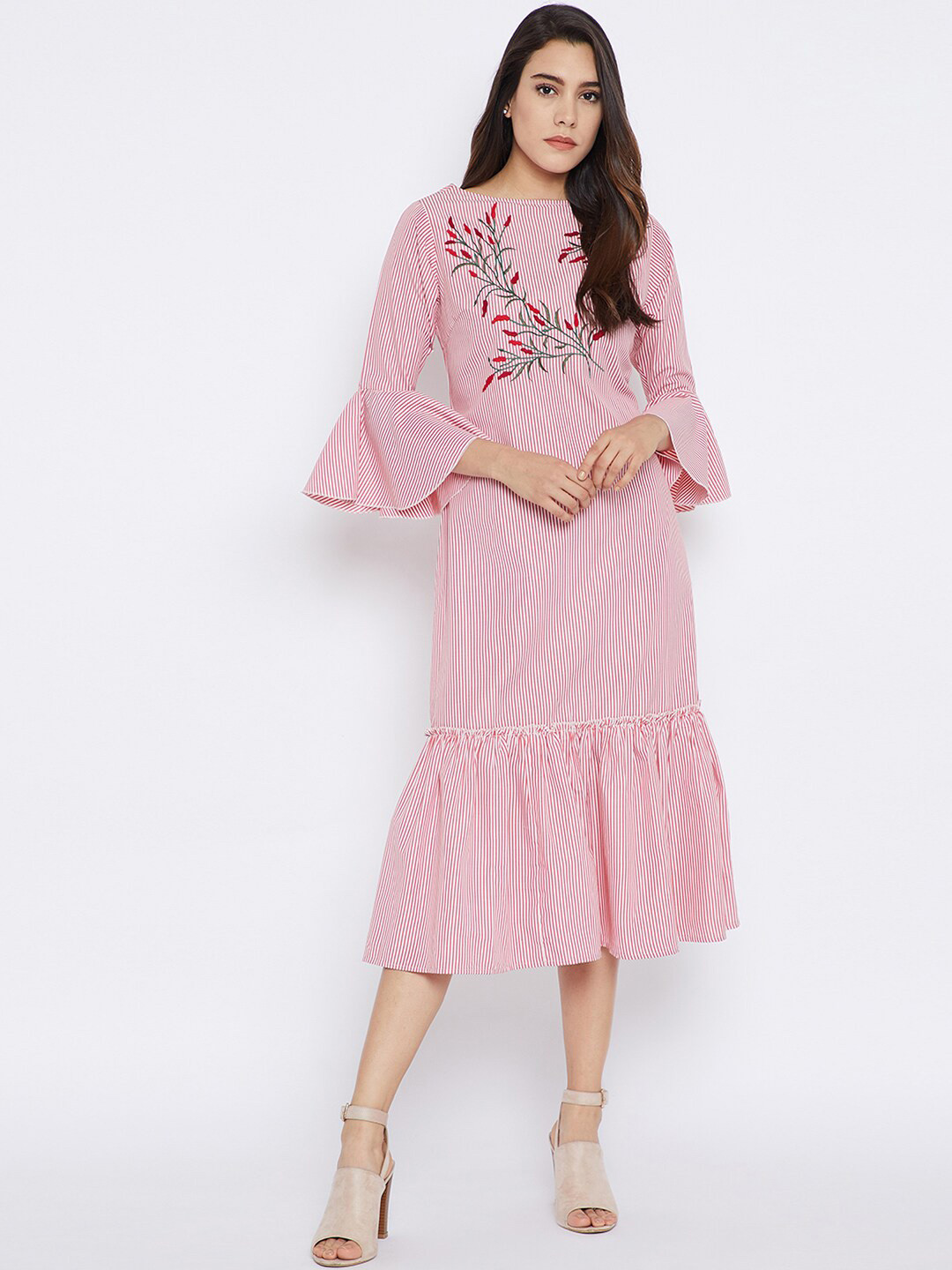 Bitterlime Red & White Striped & Embroidered Midi Dress