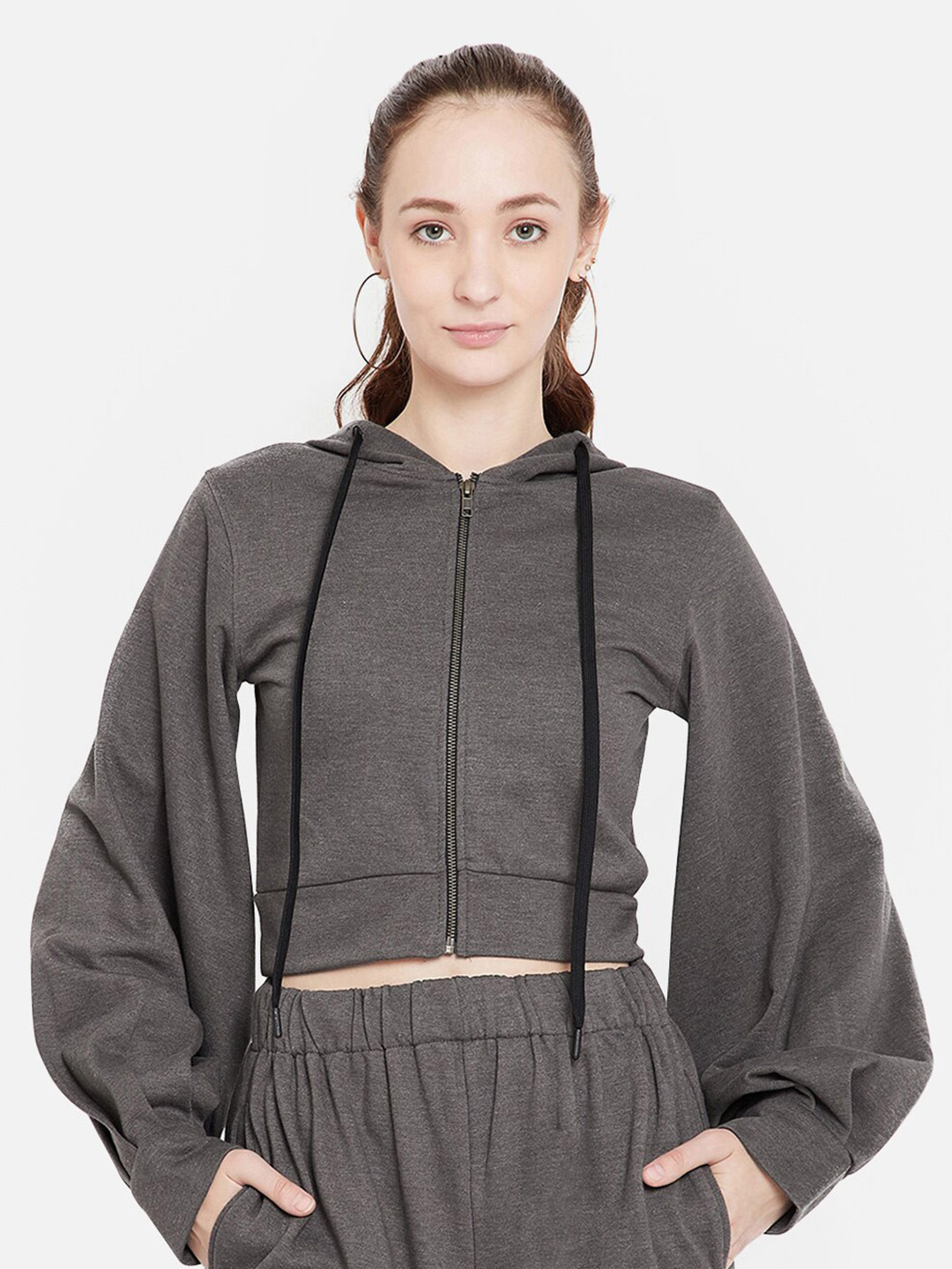 KLAS NOBL Women Grey Over Sized Cropped Hooded Sweatshirt With Balloon Sleeves