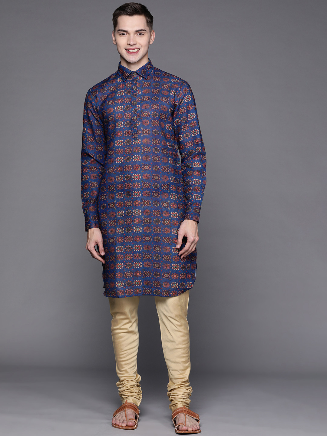 Manu Men Blue & Brown Ethnic Motifs Printed Pathani Kurta