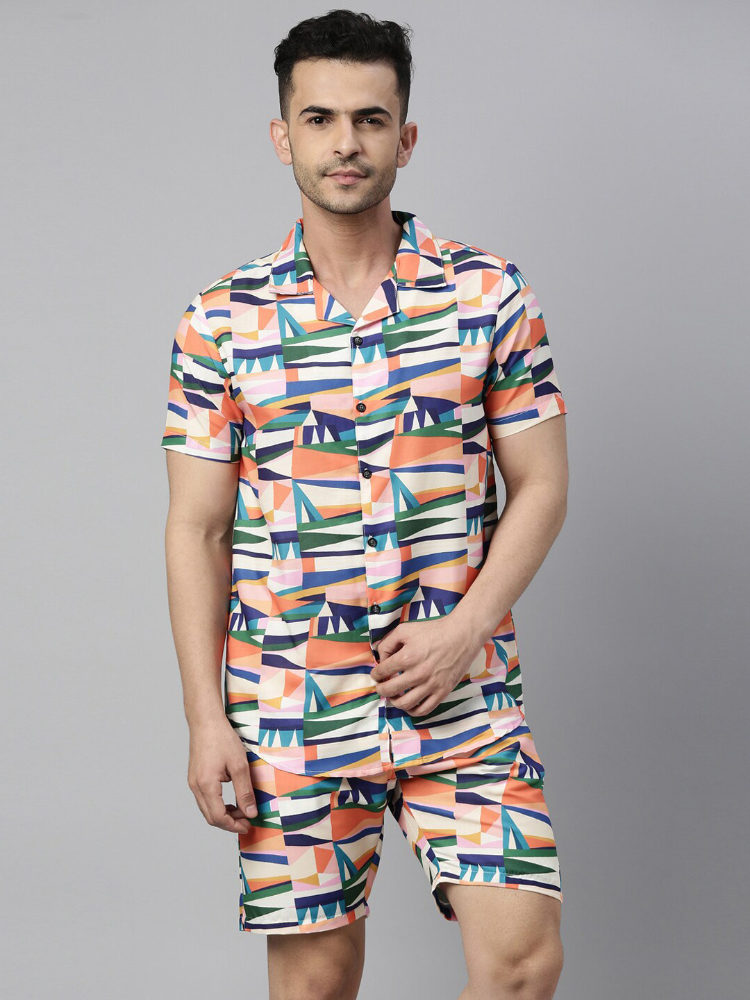 Bushirt Men Cream-Coloured & Pink Printed Night Suit