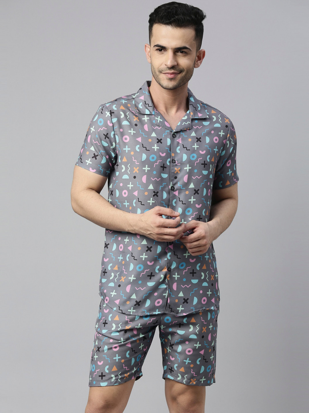 Bushirt Men Grey & Pink Printed Night Suit