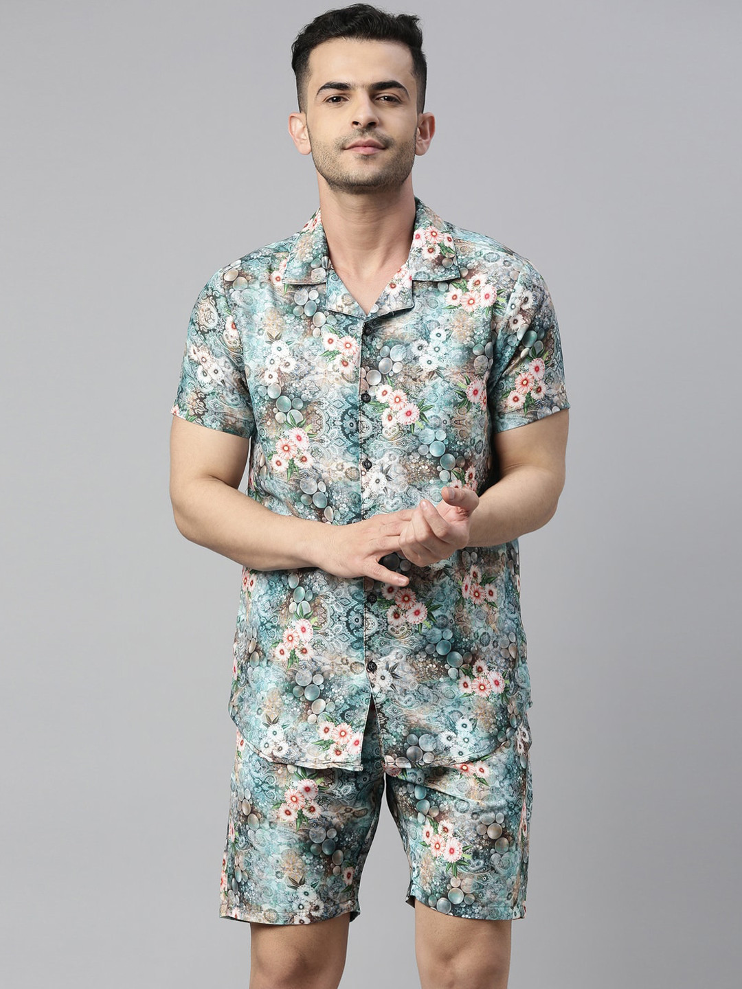 Bushirt Men Blue & Pink Floral Printed Night Suit