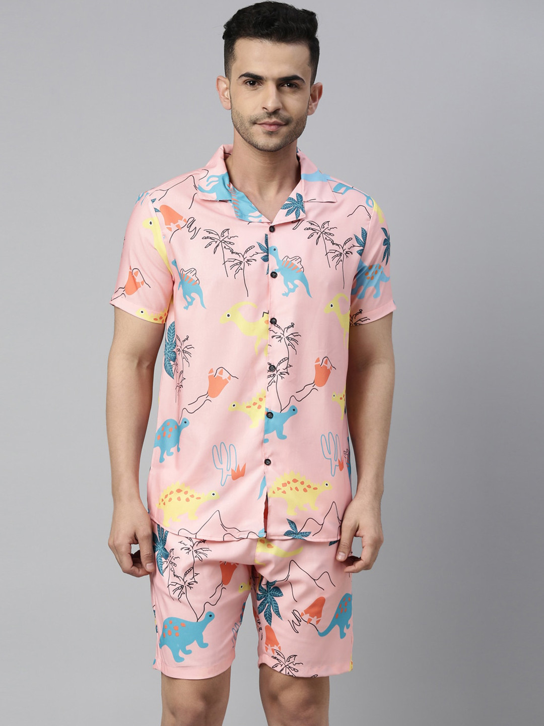 Bushirt Men Peach-Coloured & Blue Printed Night suit