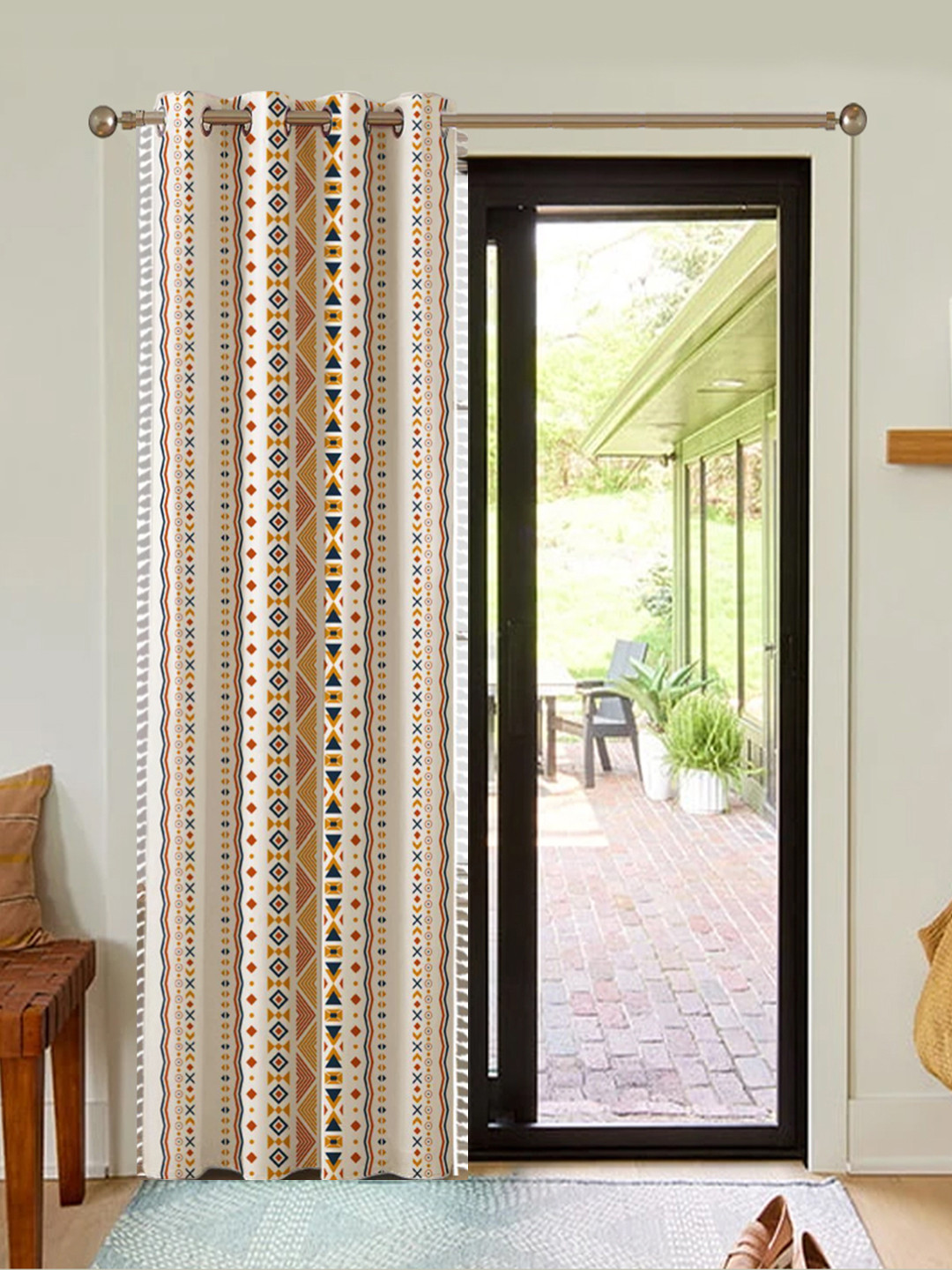 URBAN SPACE White & Orange Geometric Regular Window Curtain