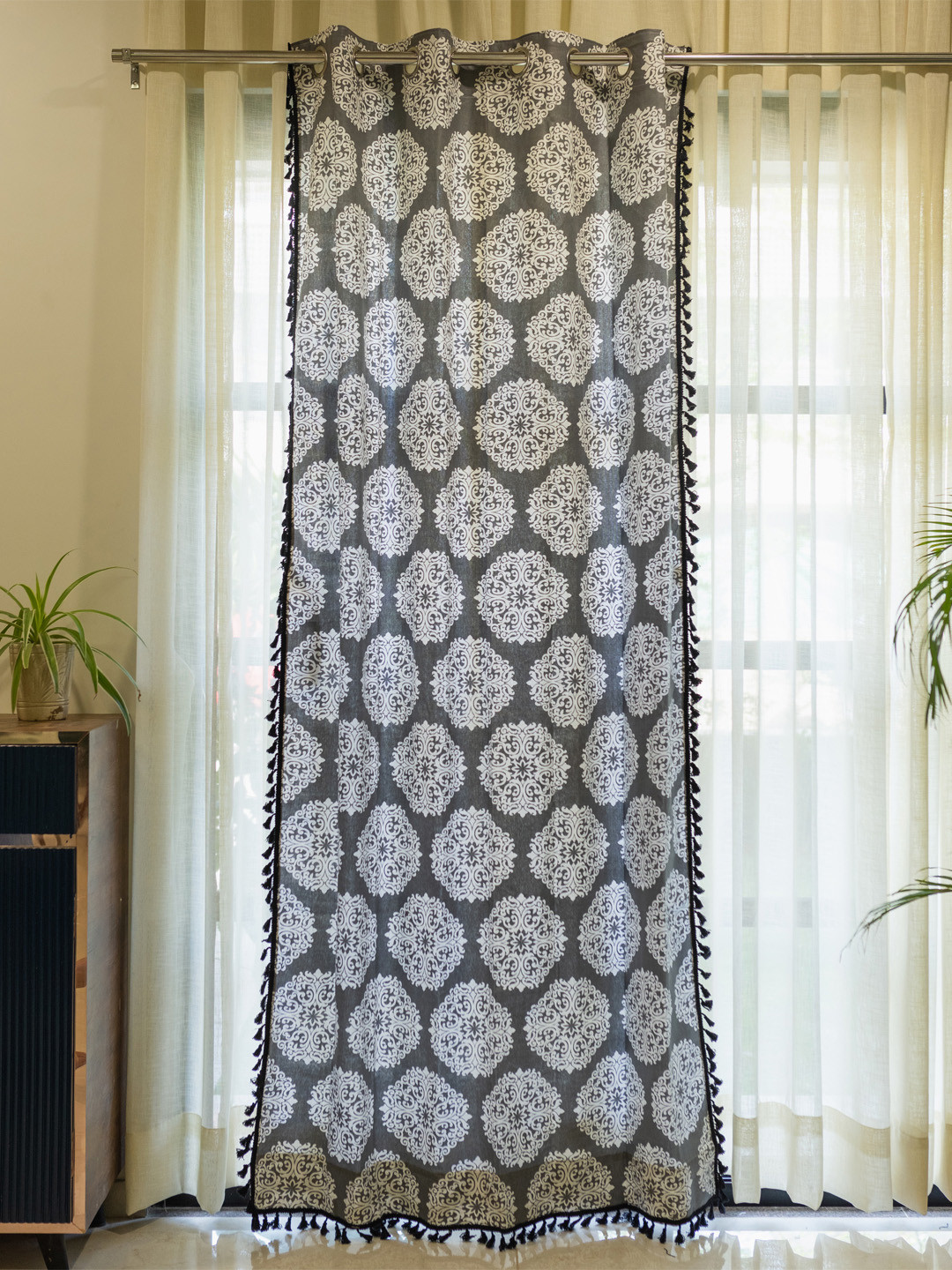URBAN SPACE Grey Mandala Printed Boho Collection Window Curtain
