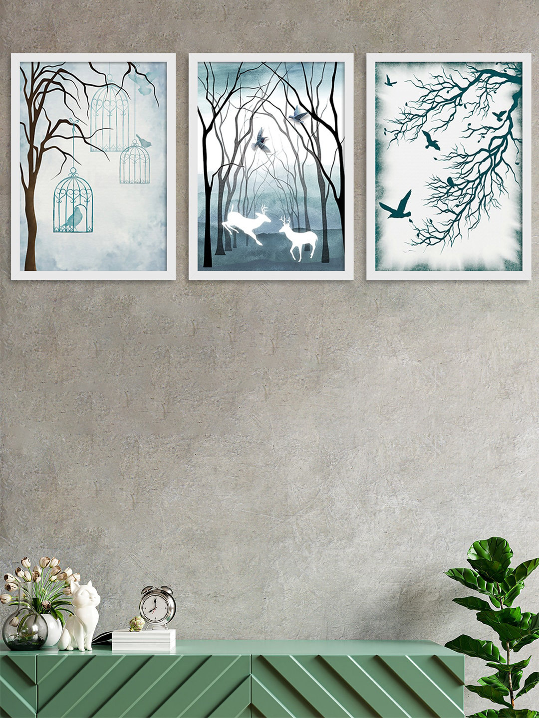 Art Street Set Of 3 White & Blue Nature Theme Wall Art