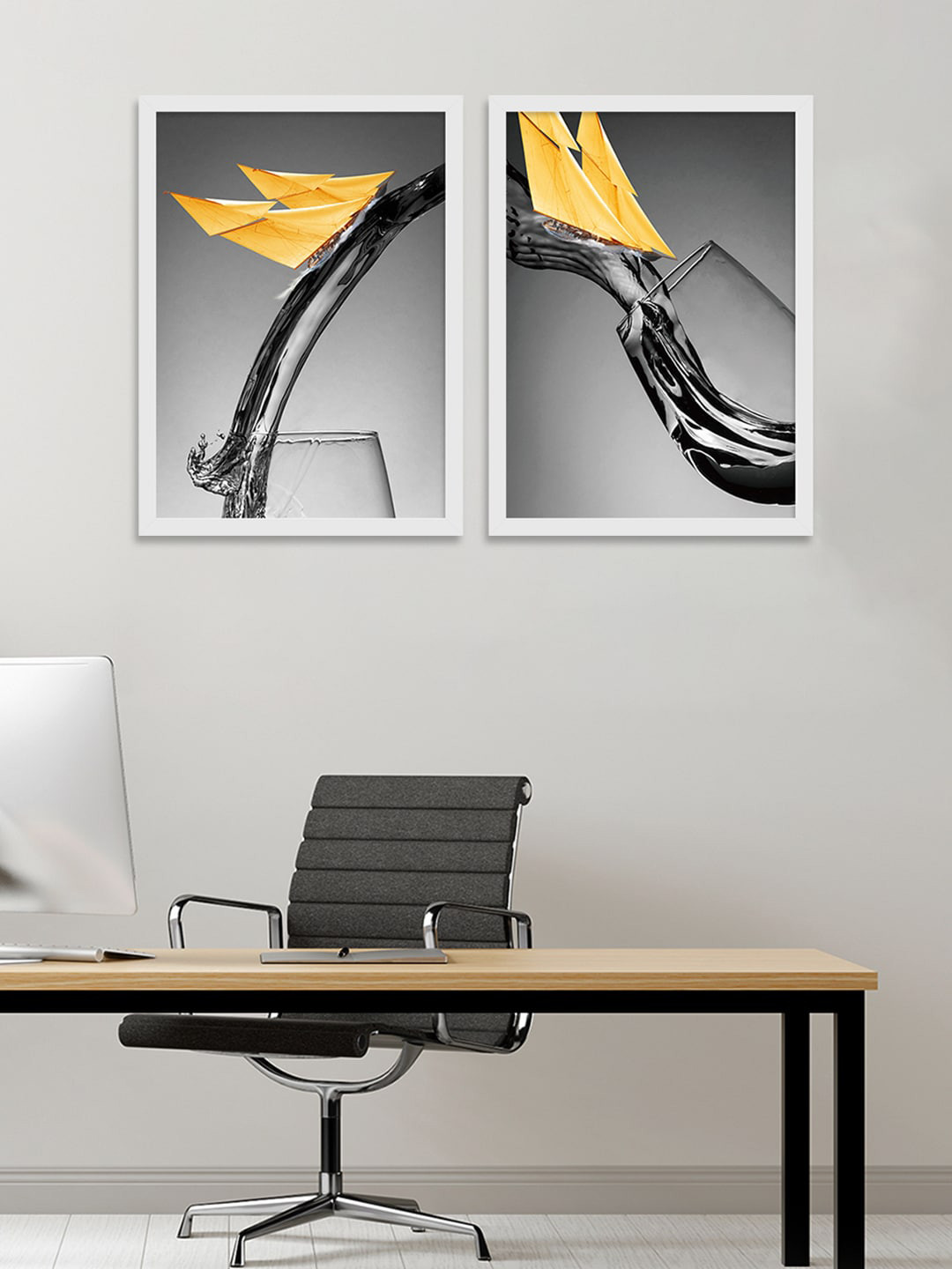 Art Street Set Of 2 White & Black Abstract Water Theme Wall Art