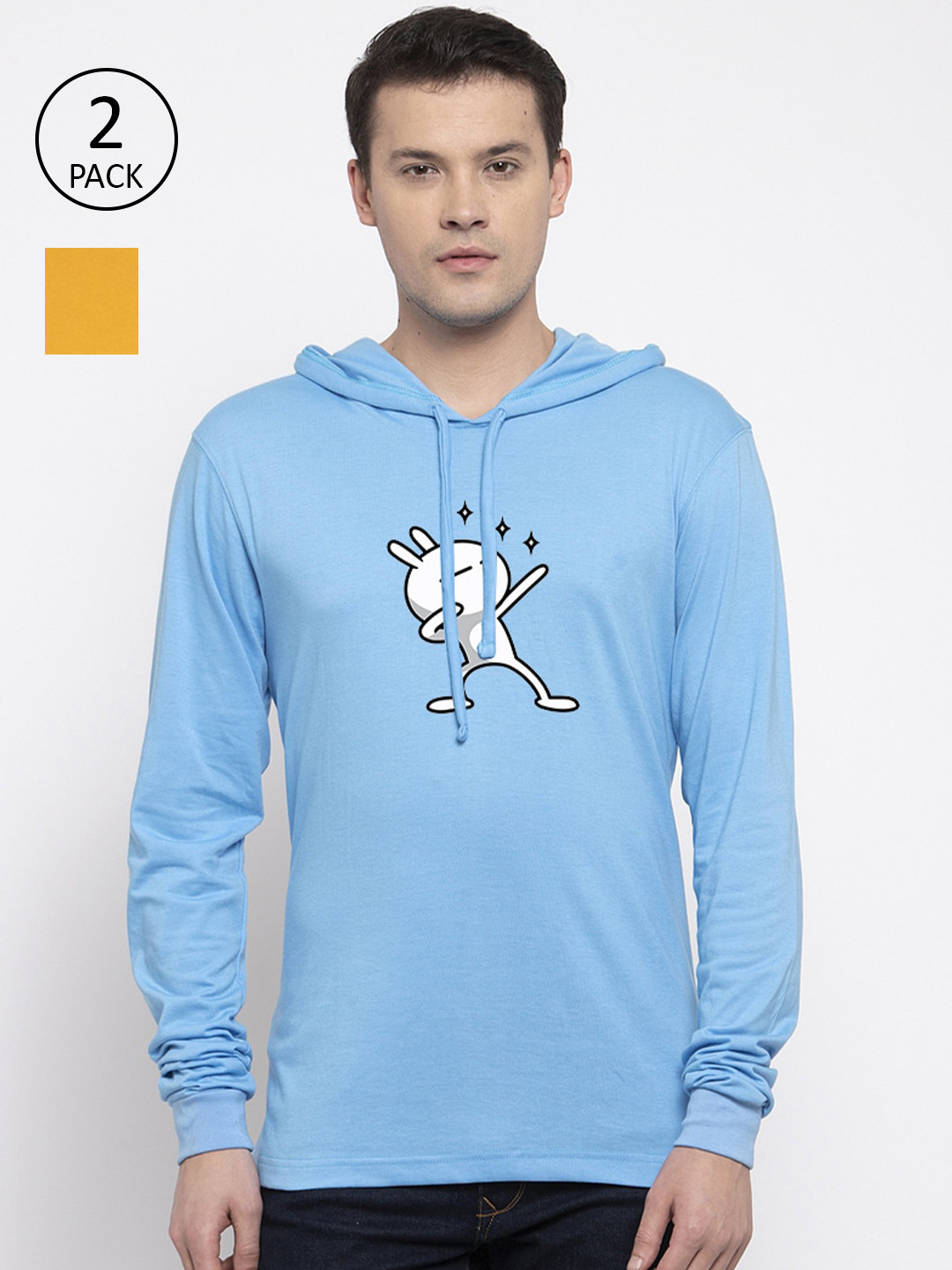 Friskers Men Gold-Toned & Blue Pack Of 2 Printed Pure Cotton Raw Edge T-shirts