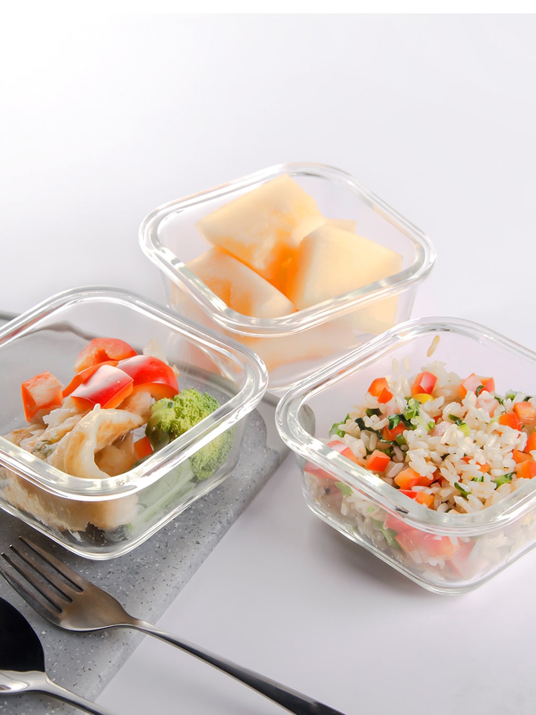 Home Puff Set of 3 Green & Transparent Borosilicate Glass Lunch Box 690 ML