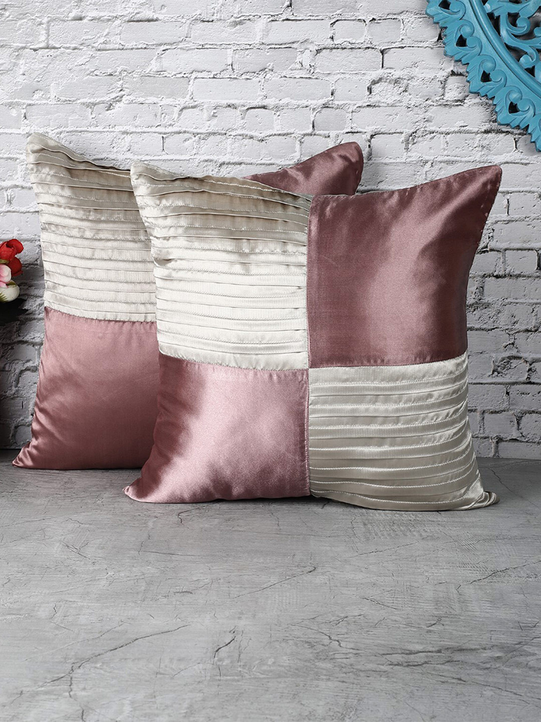 The Decor Mart Pack Of 2 Grey & Purple Checked Satin Cushion Cover