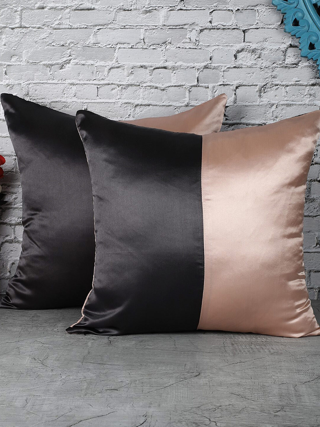 The Decor Mart Black & Pink Set of 2 Colourblocked Satin Square Cushion Covers
