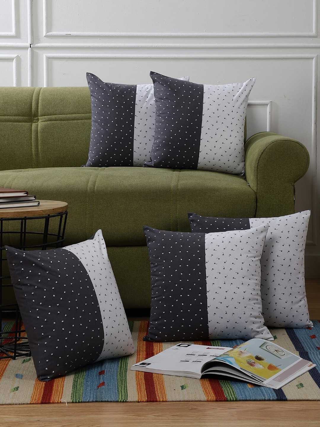 The Decor Mart White & Grey Set of 5 Colourblocked Square Cushion Covers