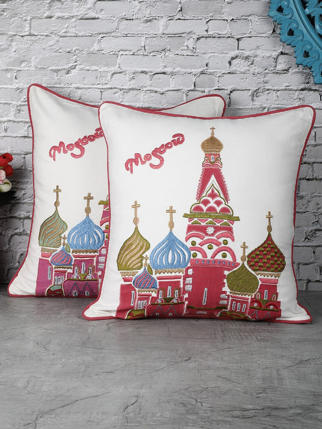 The Decor Mart Set of 2 White & Pink Moscow Embroidered Square Cushion Covers