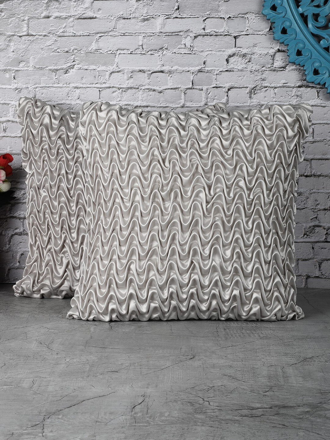 The Decor Mart Self Design Satin Durable 2 Pcs Textured Square Cushion Covers -16x16In