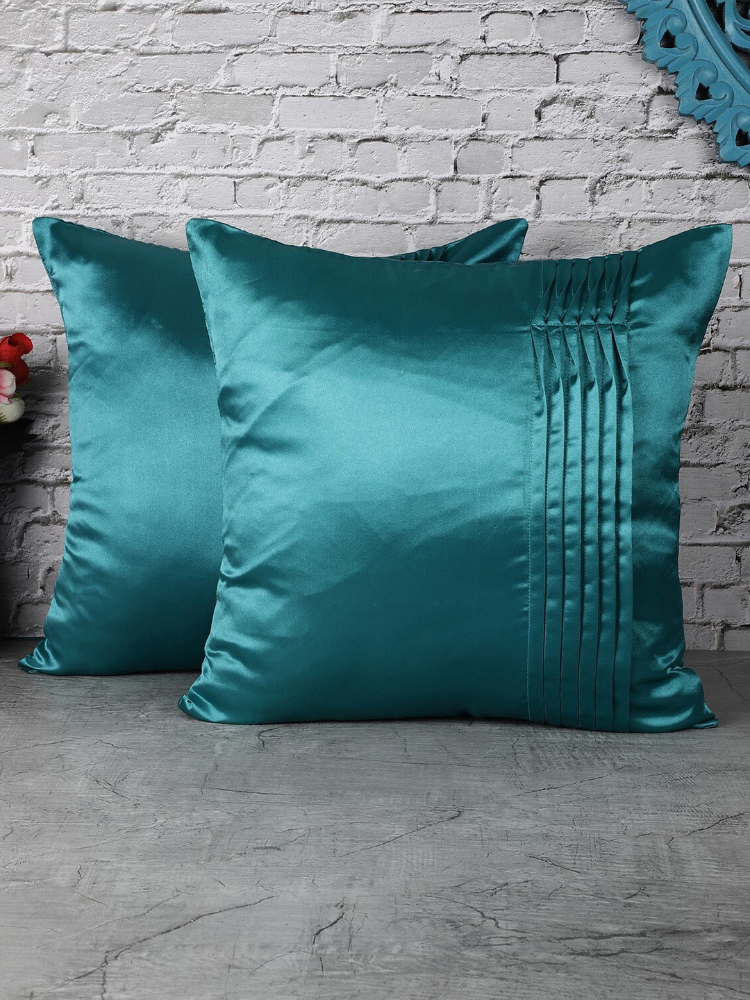 The Decor Mart Turquoise Blue Self Design Satin Washable 2 Pcs Cushion Covers -16x16In