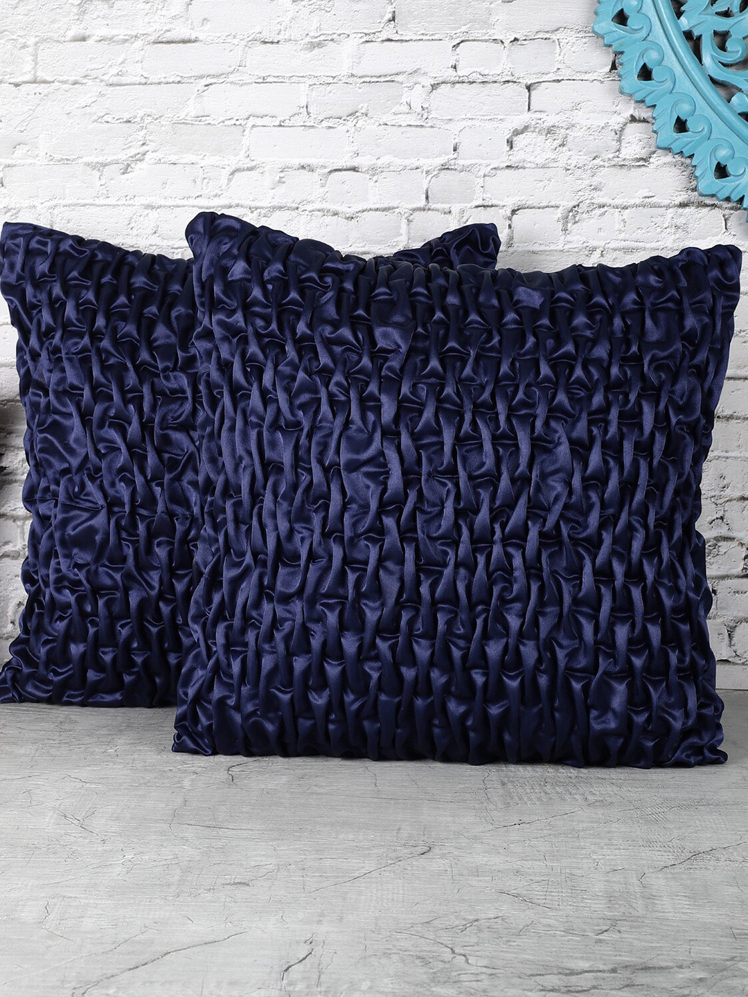 The Decor Mart Navy Blue Set of 2 Satin Square Cushion Covers