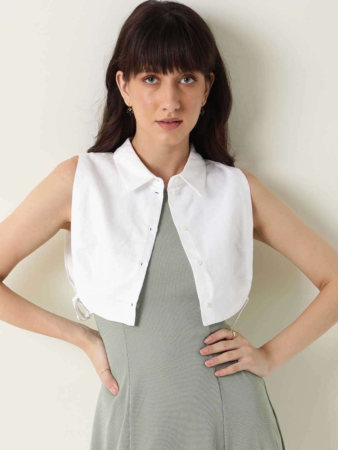 RAREISM Women White Cotton Crop Overlay Shrug