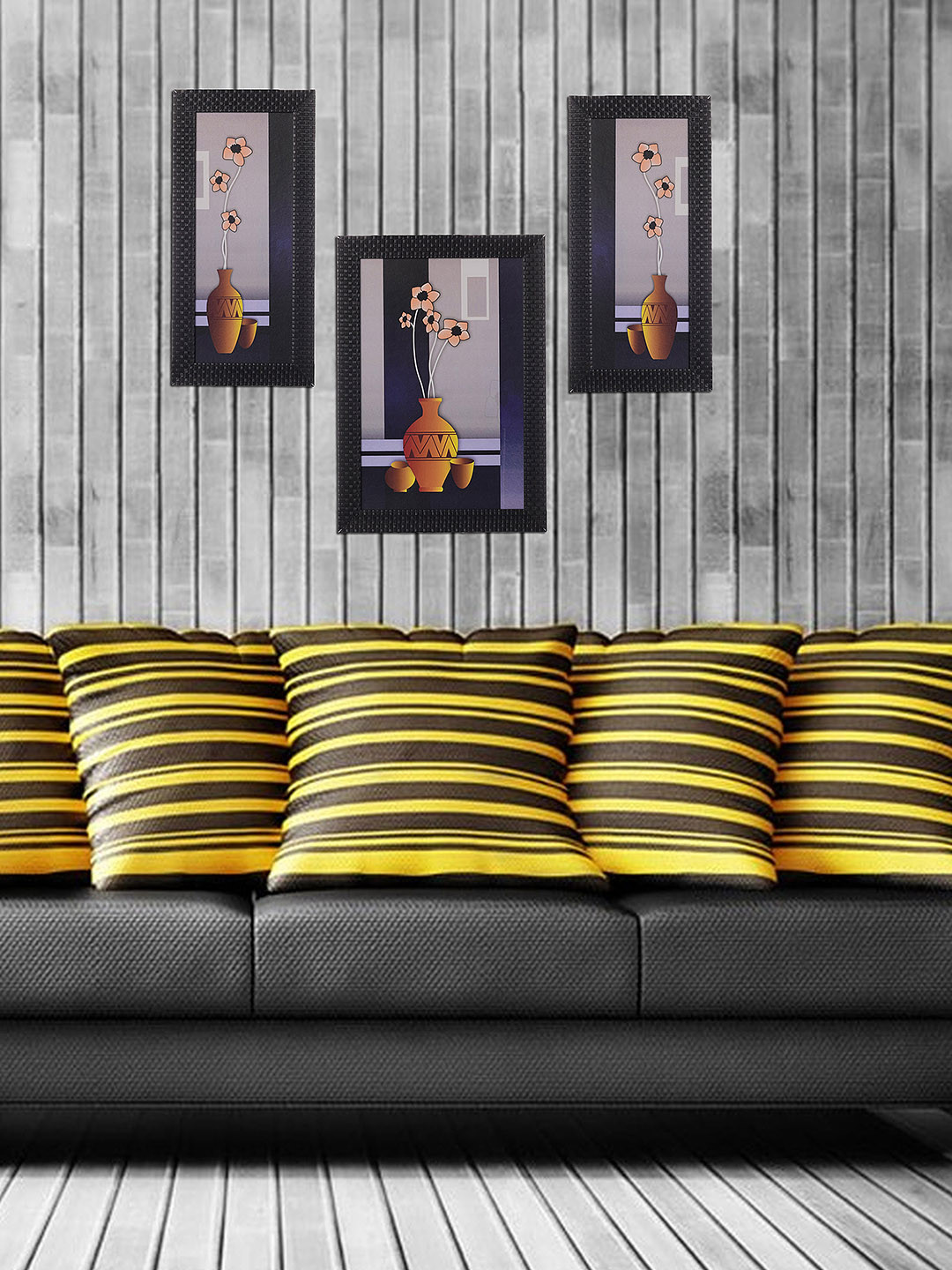 eCraftIndia Multicoloured Set of 3 Botanical Flower Pot UV Wall Art