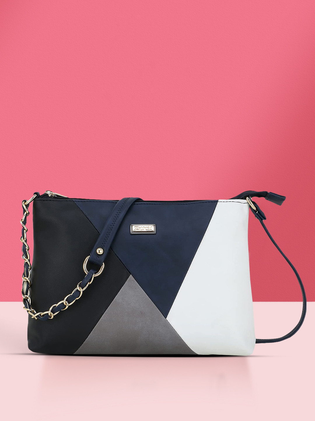 Exotic Black Colourblocked PU Structured Sling Bag