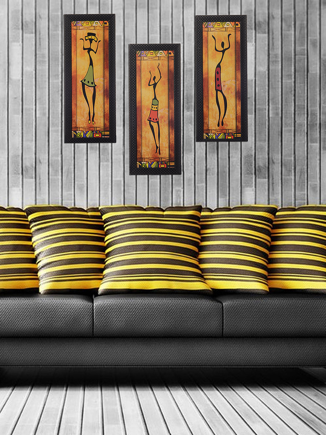 eCraftIndia Multicoloured Set of 3 Triblal Lady UV Wall Art