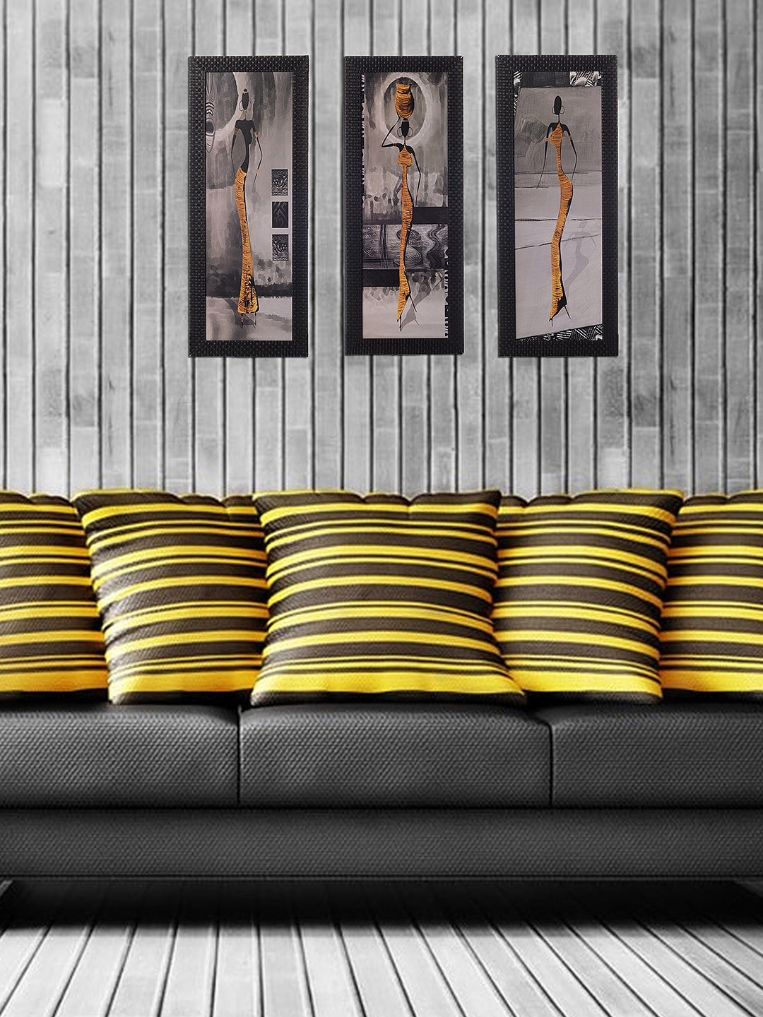 eCraftIndia Grey & Yellow Set of 3 Tribal Lady UV Wall Art