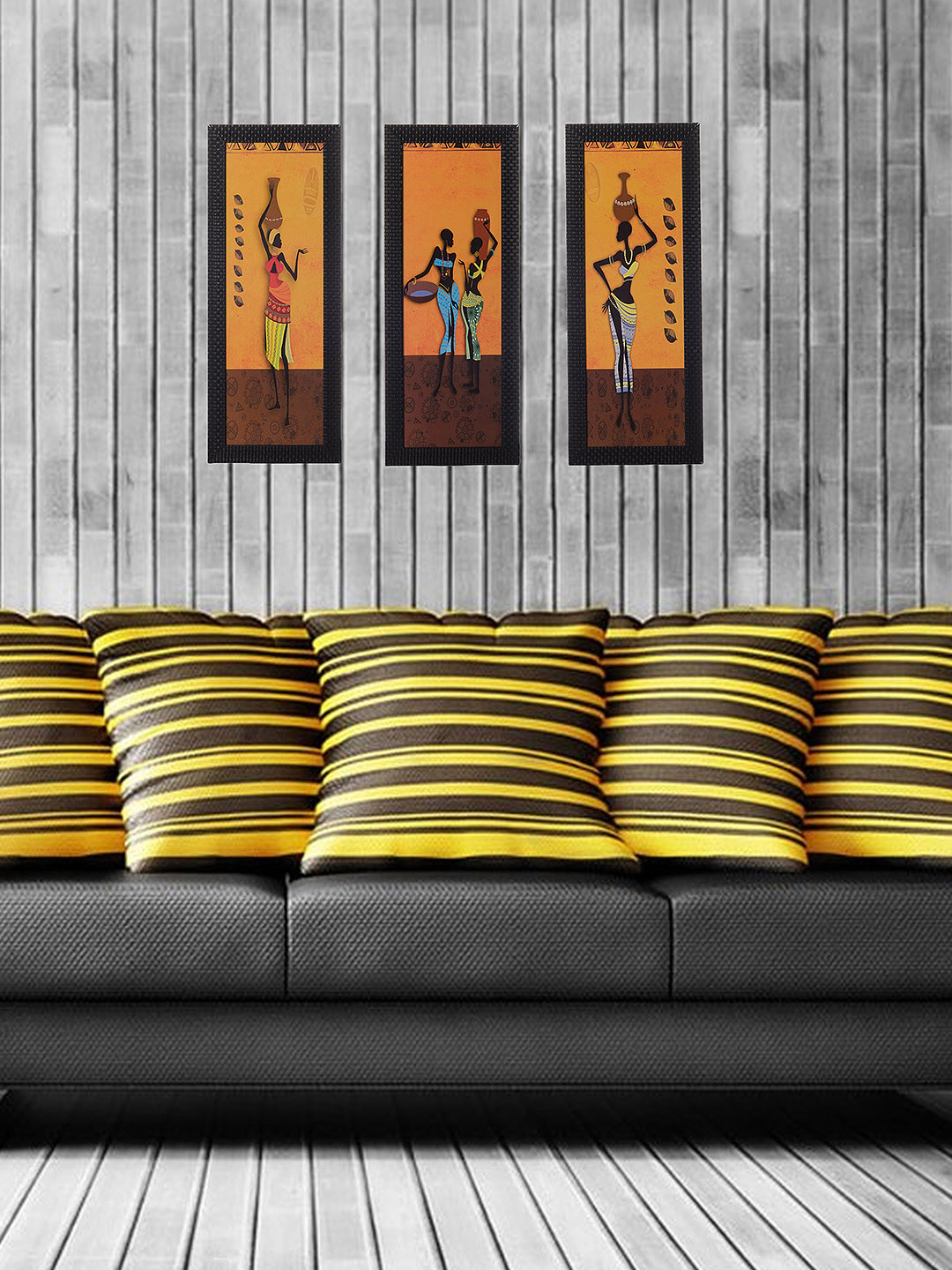 eCraftIndia Multicoloured Set of 3 Tribal Lady UV Wall Art