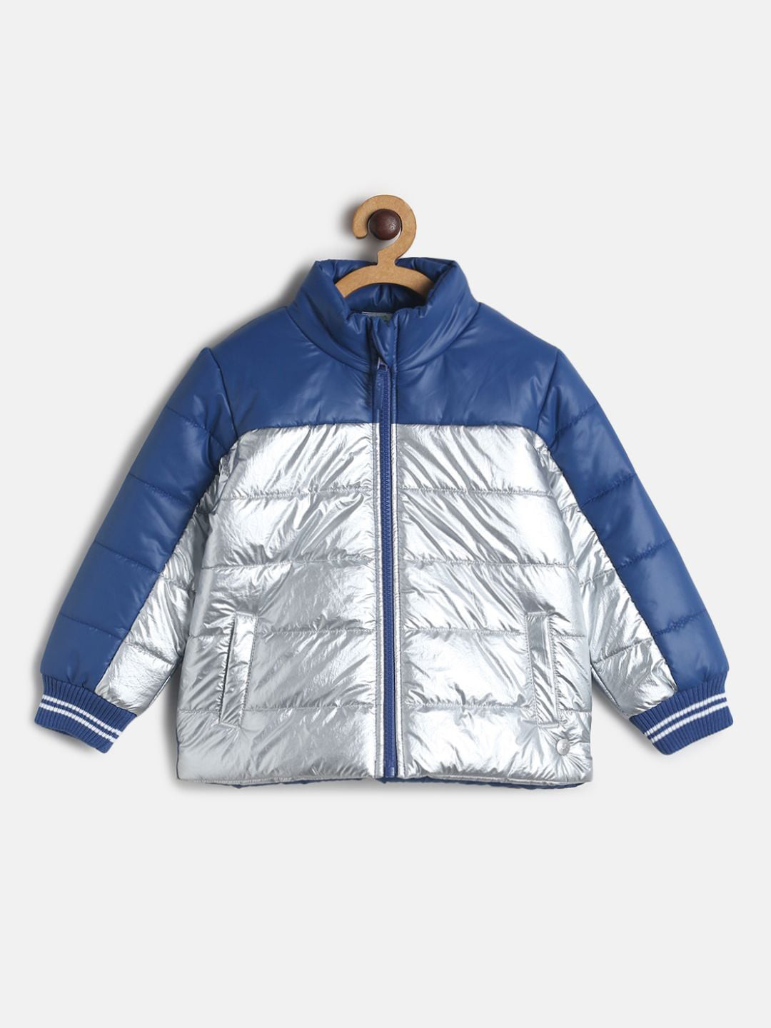 MINI KLUB Boys Blue & Silver-Toned Colourblocked Lightweight Padded Jacket