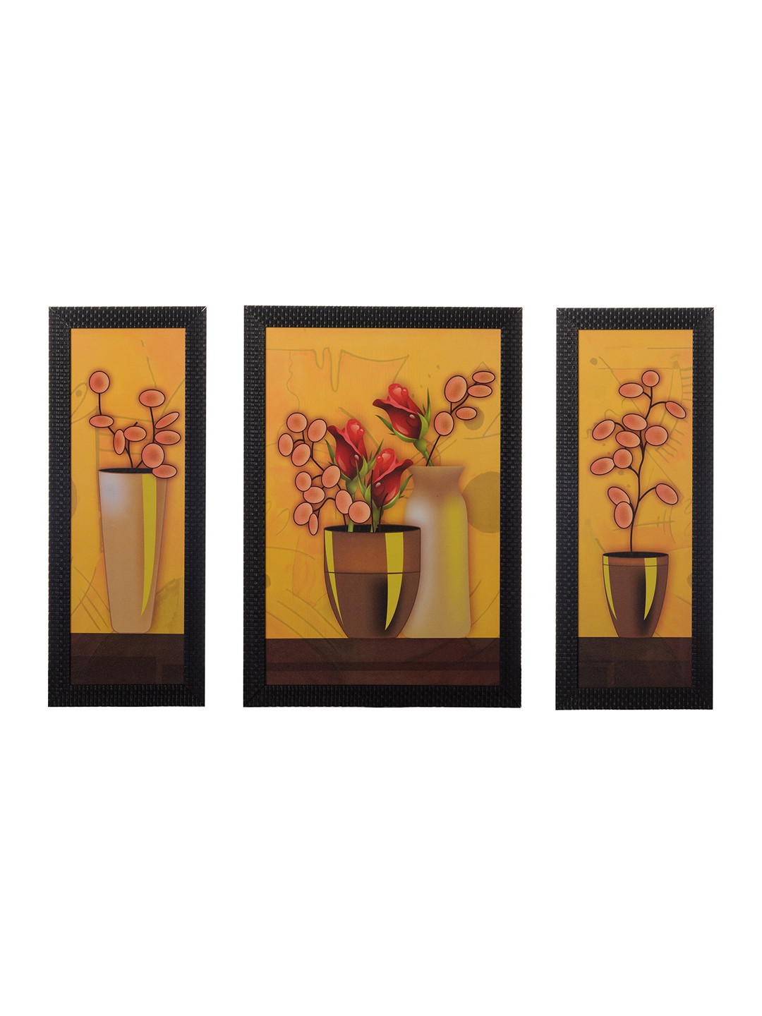 eCraftIndia Multicoloured Set of 3 Floral Pots UV Wall Art