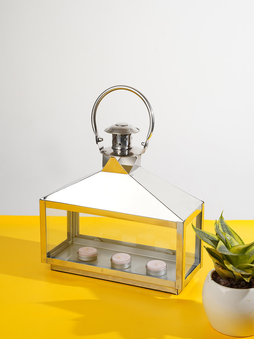 Folkstorys Silver-Toned Horizontal Lantern Candle Holder