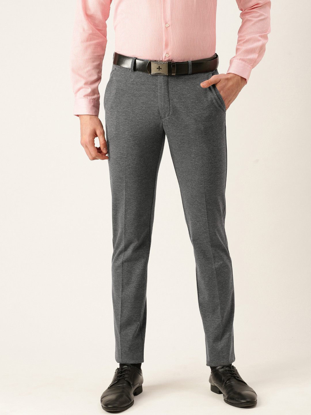 Peter England Men Charcoal Self Designed Slim Fit Trousers